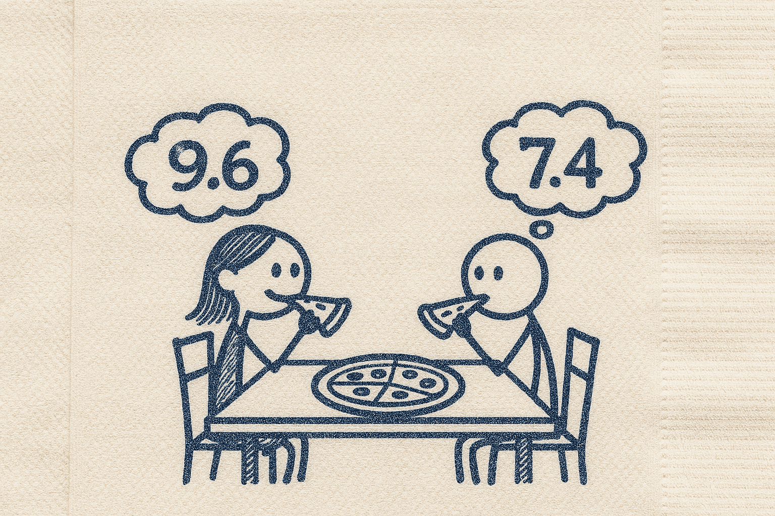 Two stick people eating pizza